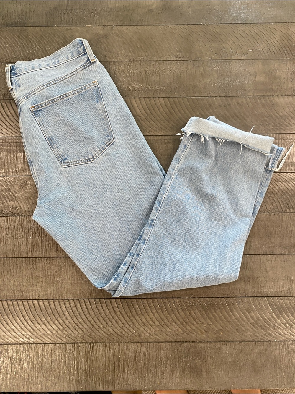 Agolde Light Blue High-Rise Straight Jeans with Frayed Hem